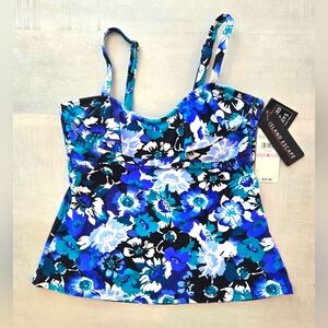 Island Escape Women's Floral Tankini Swim Top, Ruffle Neck NWT Size 6